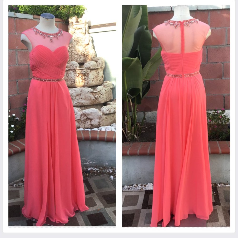DANCING QUEEN Formal Party Embellished Maxi Dress Sleeveless Illusion Neck XS